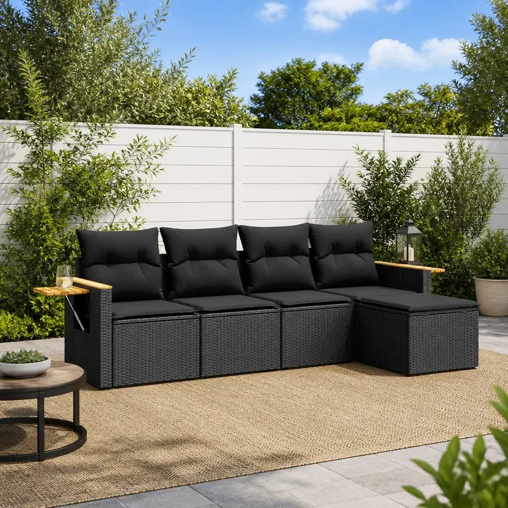 5 Piece Garden Sofa Set PE Rattan Black Outdoor Patio Furniture