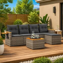 6-Piece Modular Grey Poly Rattan Garden Sofa Set