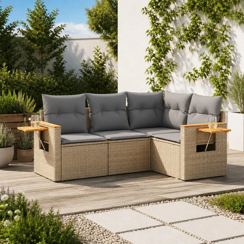 4-Piece Beige Poly Rattan Garden Sofa Set with Cushions