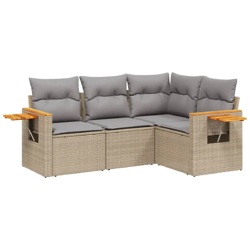4-Piece Beige Poly Rattan Garden Sofa Set with Cushions