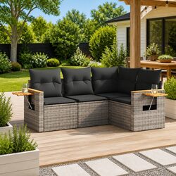 4-Piece Grey Poly Rattan Garden Sofa Set with Cushions