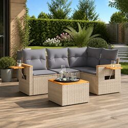 Premium 5-Piece Beige Poly Rattan Garden Sofa Set