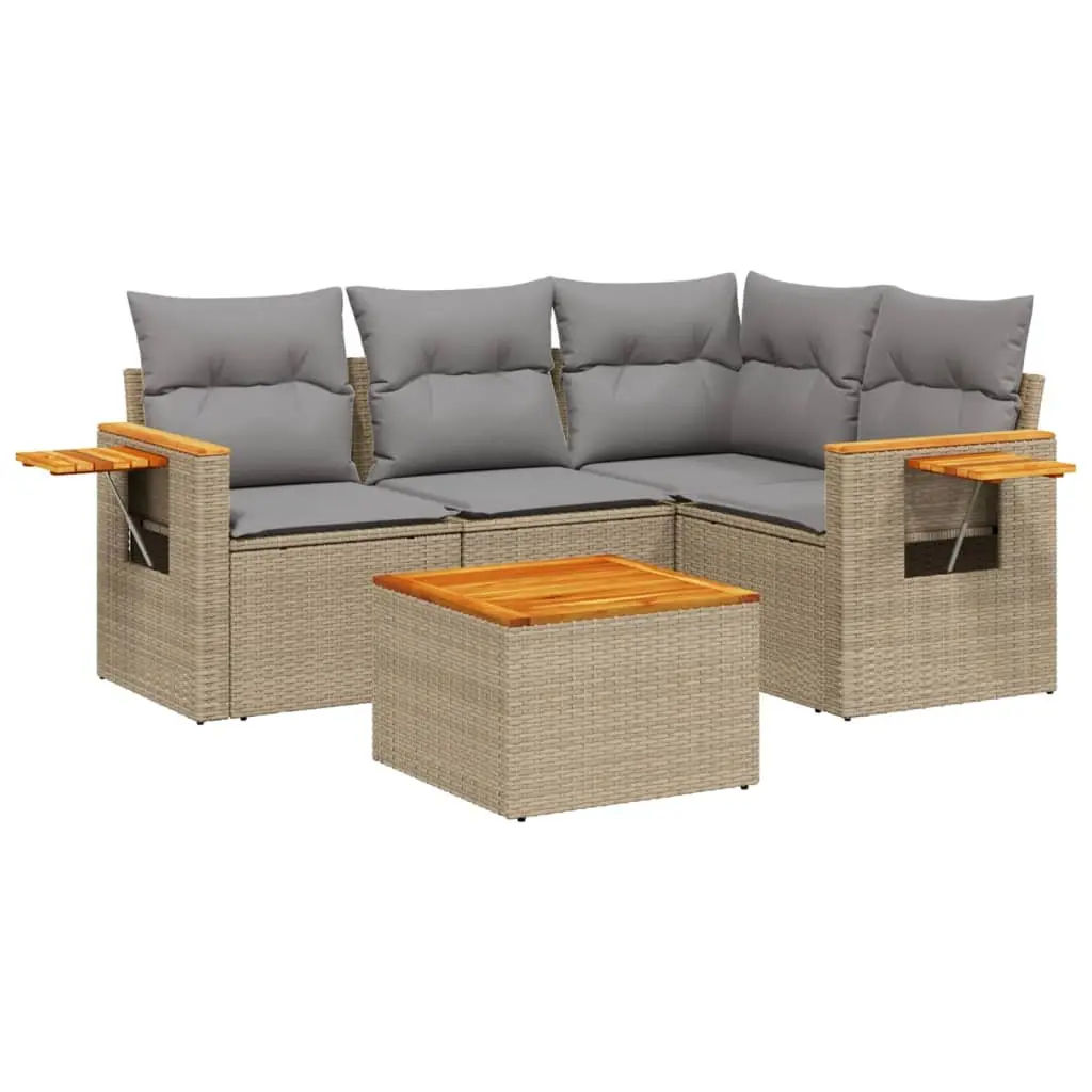 5-Piece Beige Poly Rattan Garden Sofa Set