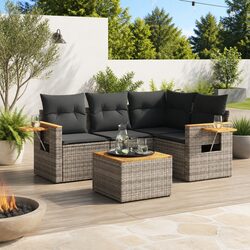5-Piece Grey Poly Rattan Garden Sofa Set with Cushions