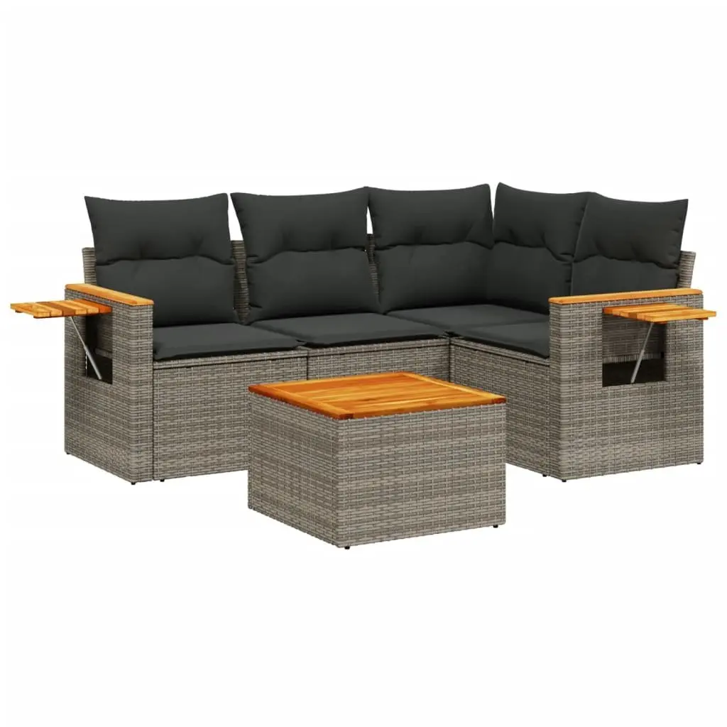 Garden Sofa Set PE Rattan 5 Piece Modular Outdoor Furniture Grey with Cushions and Acacia Wood Table