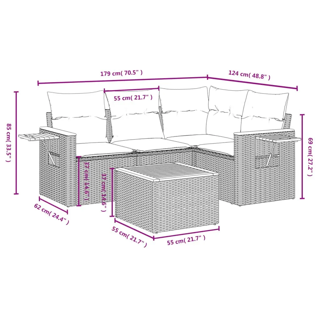 Garden Sofa Set PE Rattan 5 Piece Modular Outdoor Furniture Grey with Cushions and Acacia Wood Table