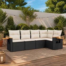 5 Piece Black Poly Rattan Garden Sofa Set with Cushions