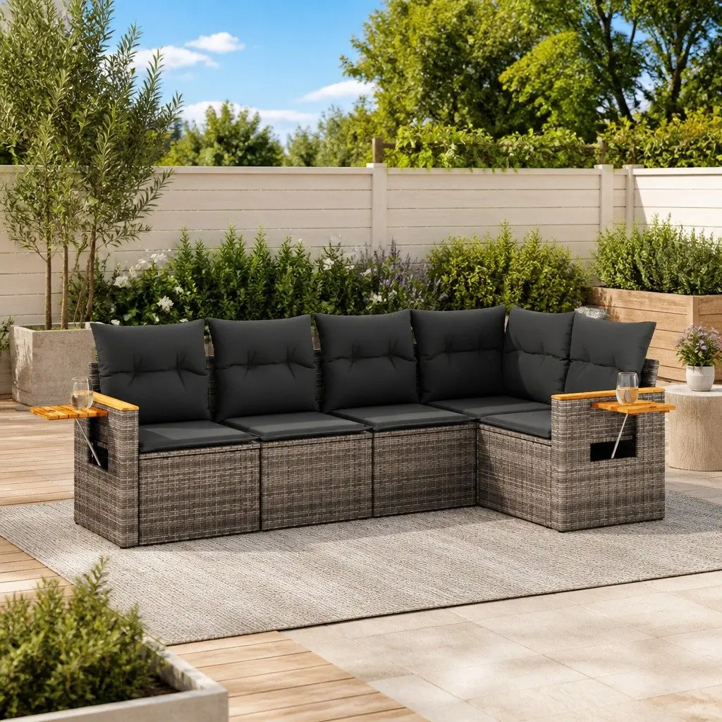 5 Piece Outdoor Garden Sofa Set PE Poly Rattan Grey Furniture Patio Lounge Cushions