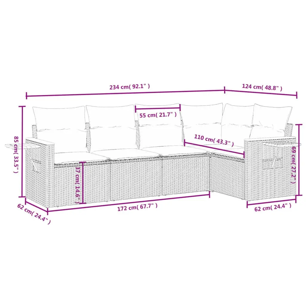 5 Piece Outdoor Garden Sofa Set PE Poly Rattan Grey Furniture Patio Lounge Cushions