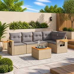 Beige Rattan Outdoor Garden Sofa Set 6 Piece Furniture