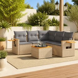 6-Piece Beige Garden Sofa Set with Acacia Wood Table