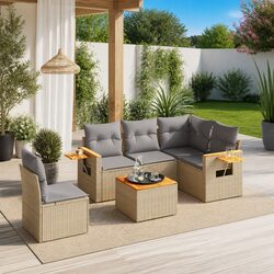 Beige Poly Rattan 6 Piece Outdoor Garden Sofa Set