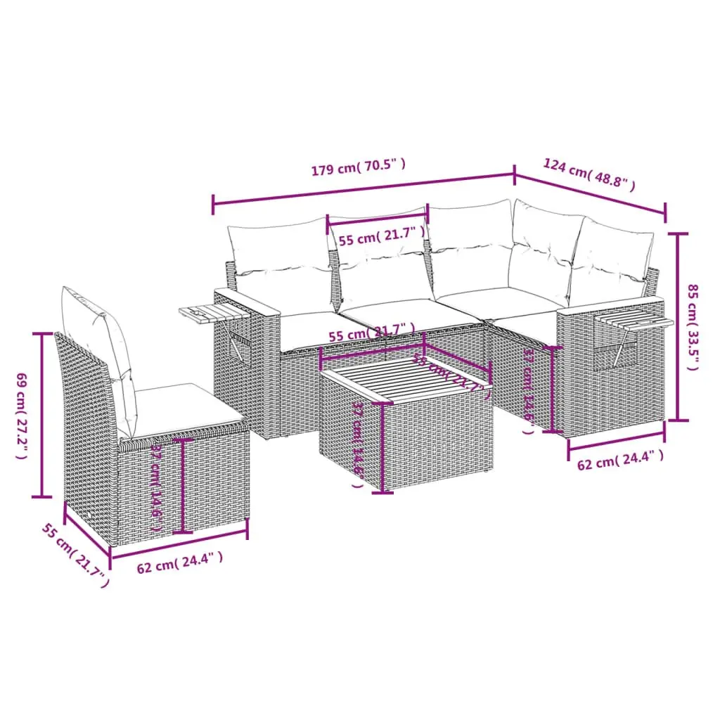Garden Sofa Set PE Rattan 6 Piece Grey Modular Outdoor Furniture with Cushions