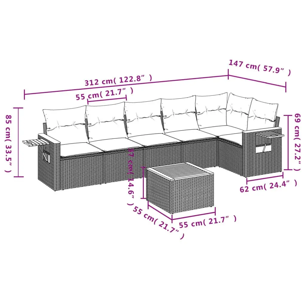 7 Piece Beige Rattan Garden Sofa Set with Cushions