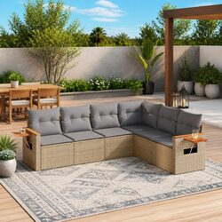 6 Piece Modular Patio Sofa Set in Beige Poly Rattan
