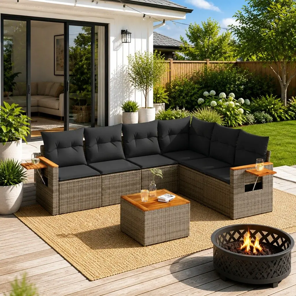 7 Piece Garden Sofa Set PE Rattan Grey Modular Outdoor Furniture with Cushions Acacia Wood Table Top