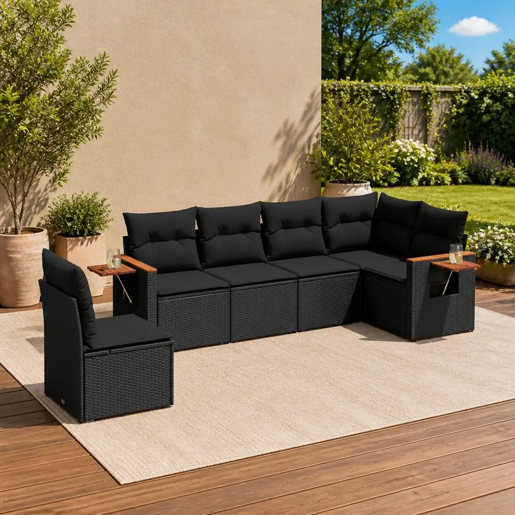 Modular Black Poly Rattan 6 Piece Garden Sofa Set