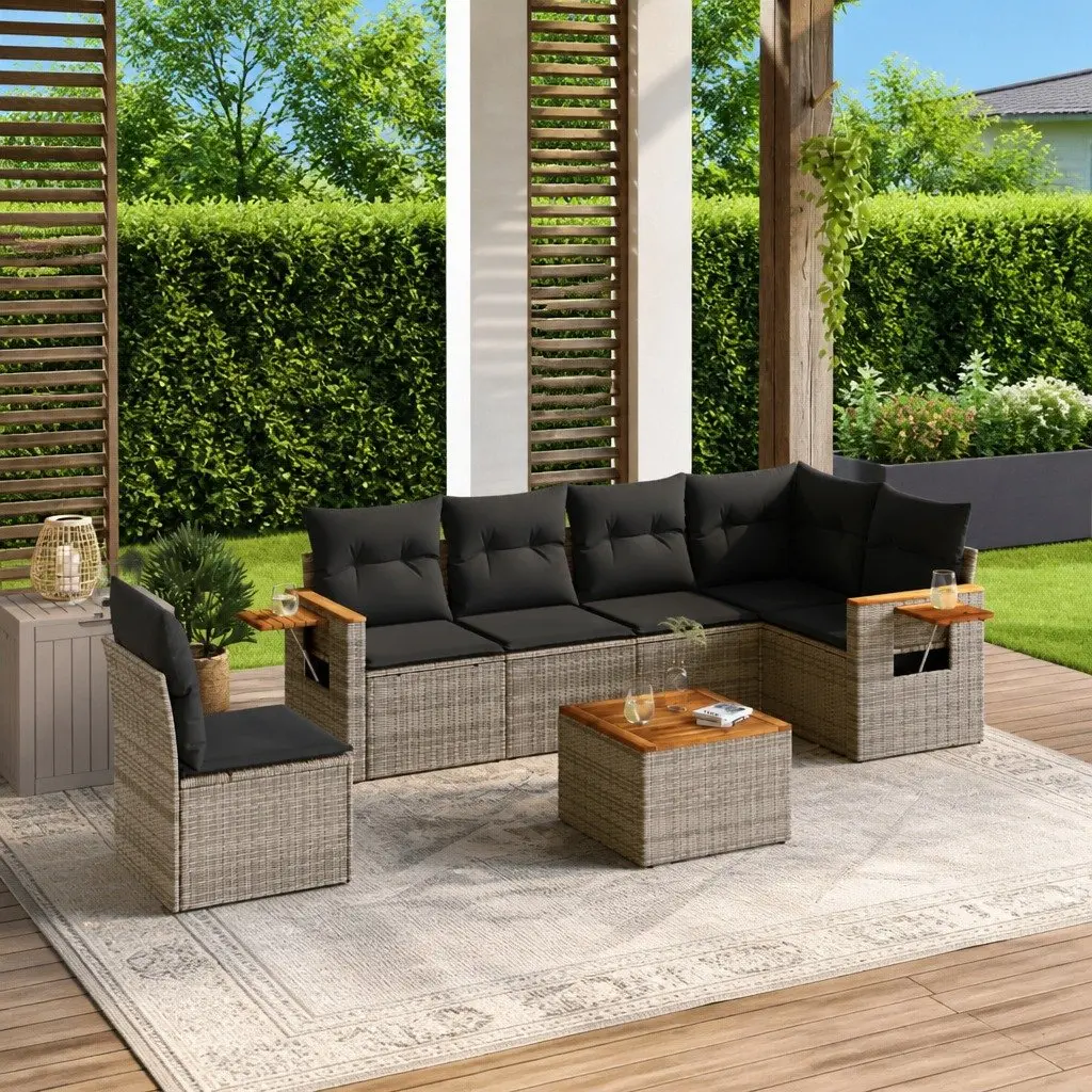 7 Piece Garden Sofa Set PE Rattan Acacia Wood Grey Modular Outdoor Patio Furniture