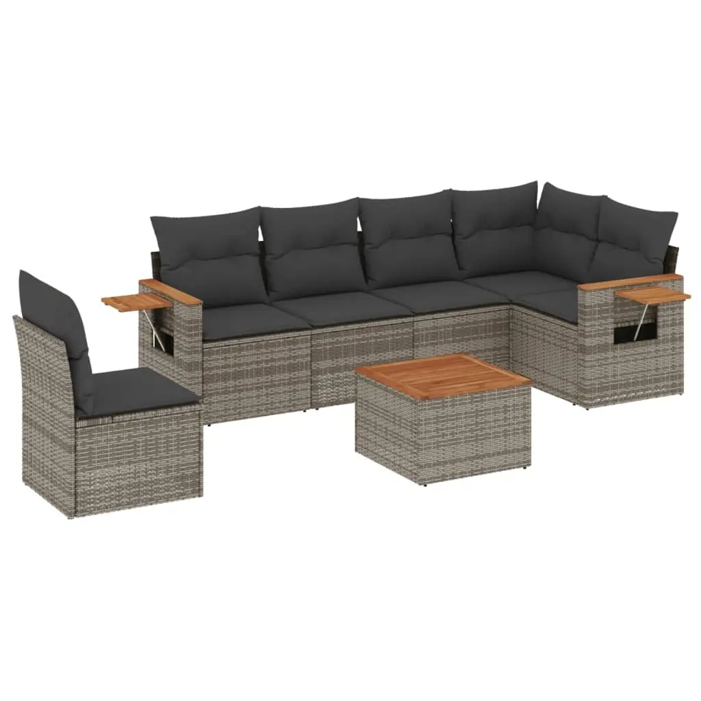 7 Piece Garden Sofa Set PE Rattan Acacia Wood Grey Modular Outdoor Patio Furniture