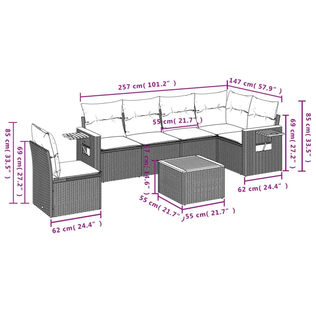 7 Piece Garden Sofa Set PE Rattan Acacia Wood Grey Modular Outdoor Patio Furniture