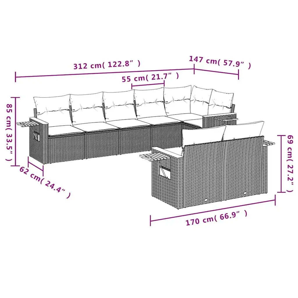 8 Piece Modular Black Poly Rattan Garden Sofa Set