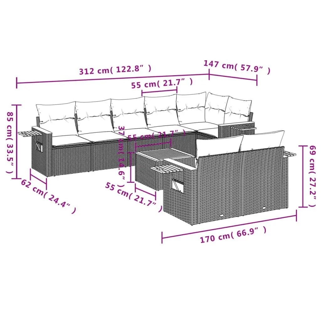 9-Piece Grey Modular Garden Sofa Set for Outdoor Comfort