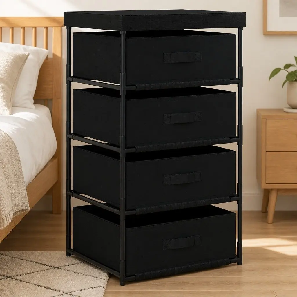 Black Storage Rack with 4 Fabric Baskets