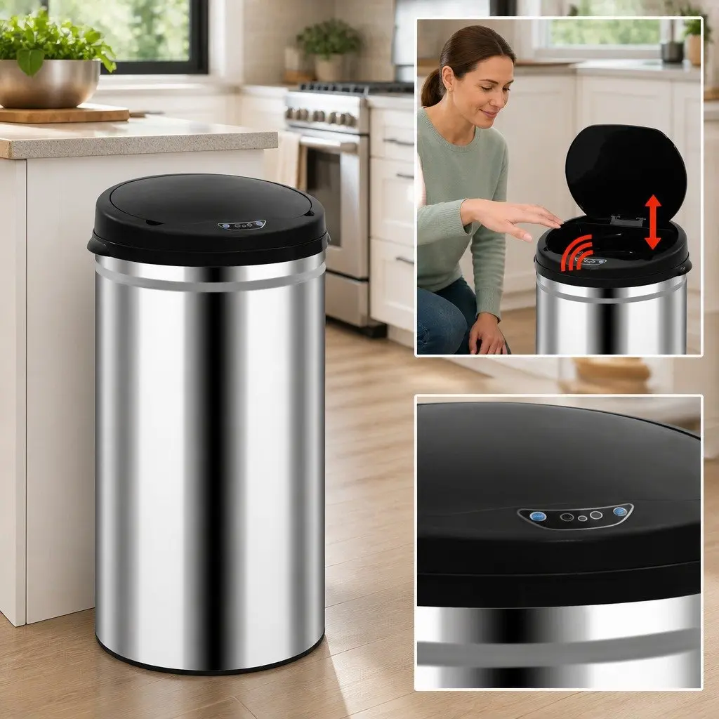 40L Touchless Silver Trash Can with Sensor