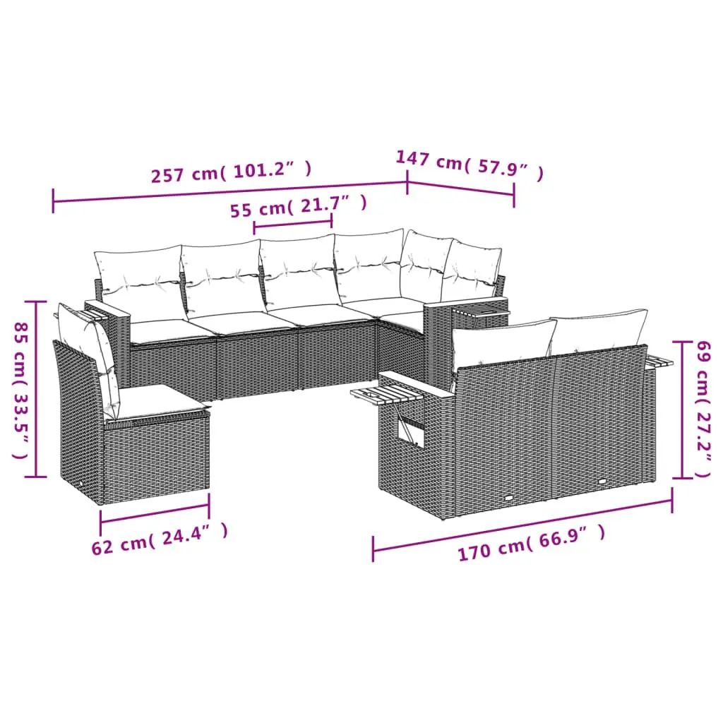Garden Sofa Set PE Rattan 8 Piece Modular Grey Outdoor Furniture