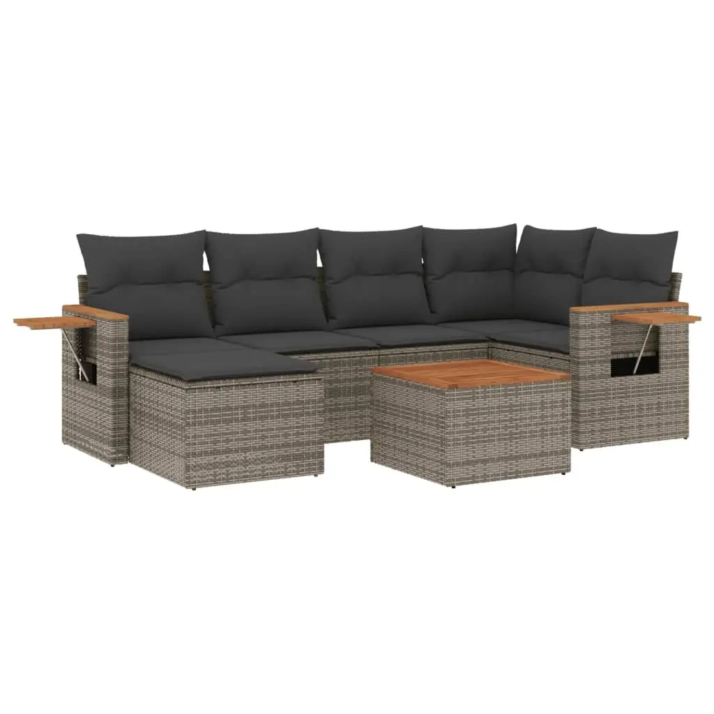7 Piece Garden Sofa Set PE Rattan Acacia Wood Grey Outdoor Patio Furniture