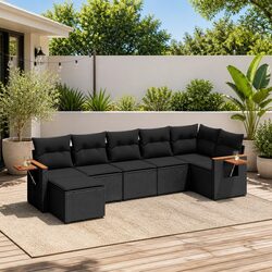 Durable 7 Piece Black Garden Sofa Set with Cushions