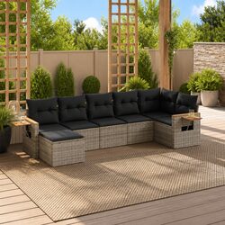 7-Piece Grey Poly Rattan Garden Sofa Set with Cushions