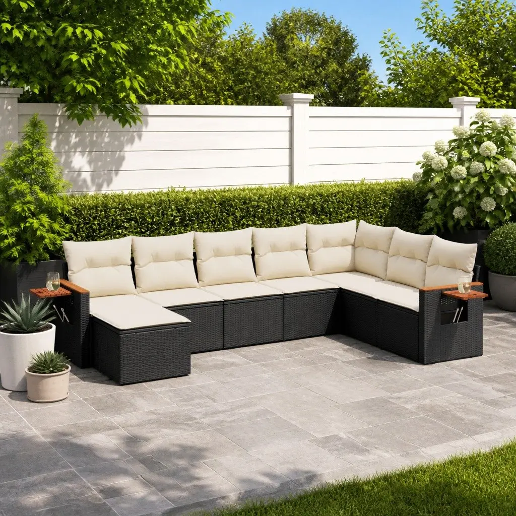 8 Piece Outdoor Garden Sofa Set Poly Rattan Cushions Black
