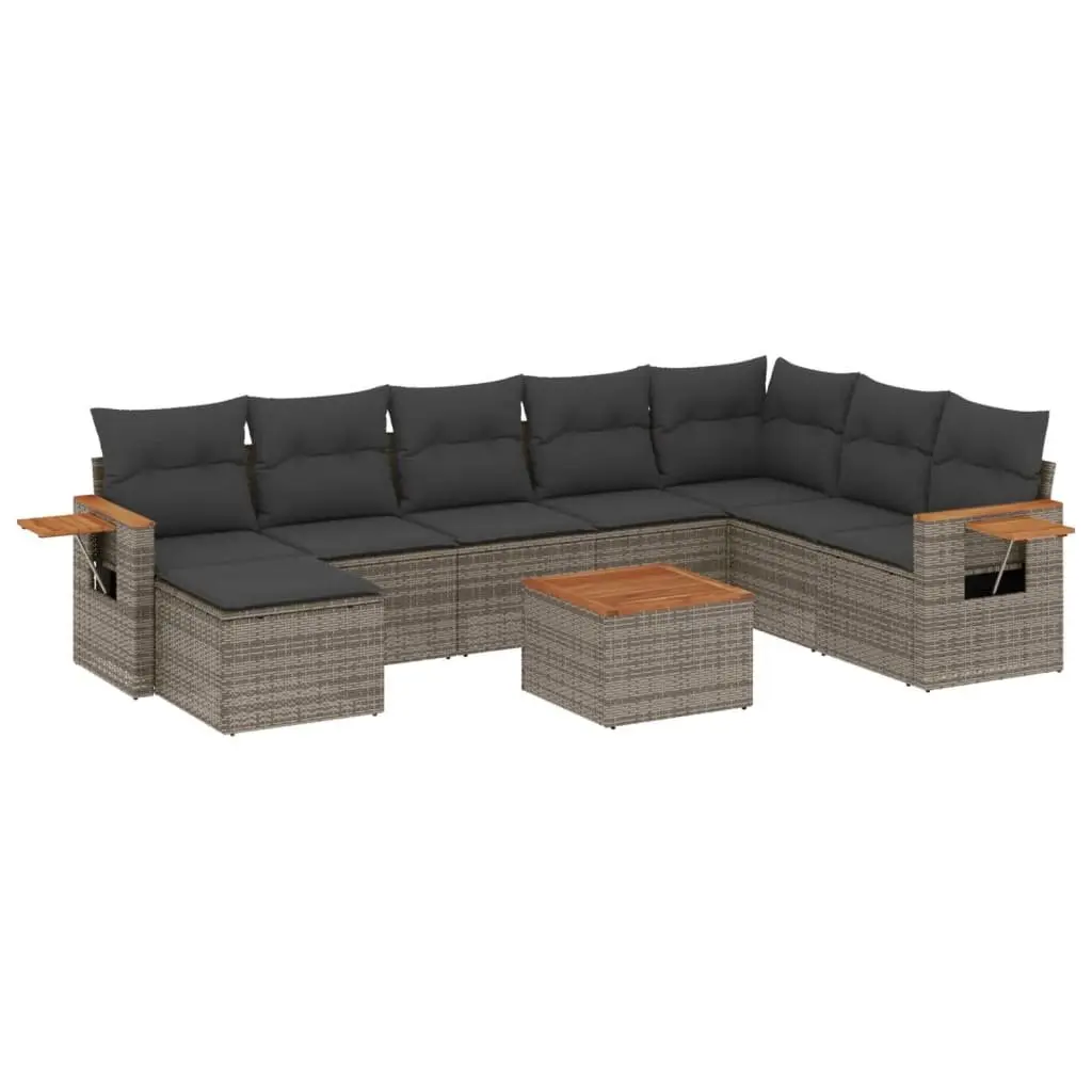 Garden Sofa Set PE Rattan 9 Piece Outdoor Furniture Grey Modular with Acacia Wood Table