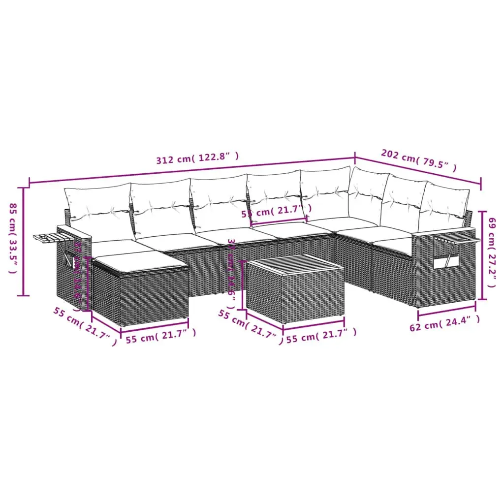 Garden Sofa Set PE Rattan 9 Piece Outdoor Furniture Grey Modular with Acacia Wood Table