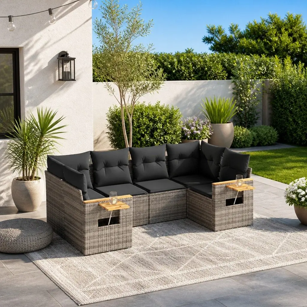 Garden Sofa Set PE Rattan 6 Piece Outdoor Furniture Grey with Cushions