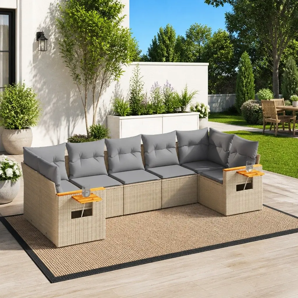 Beige 7-Piece Poly Rattan Garden Sofa Set with Cushions