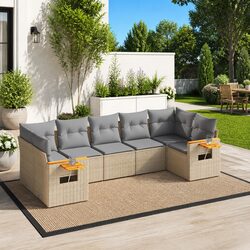 Beige 7-Piece Poly Rattan Garden Sofa Set with Cushions
