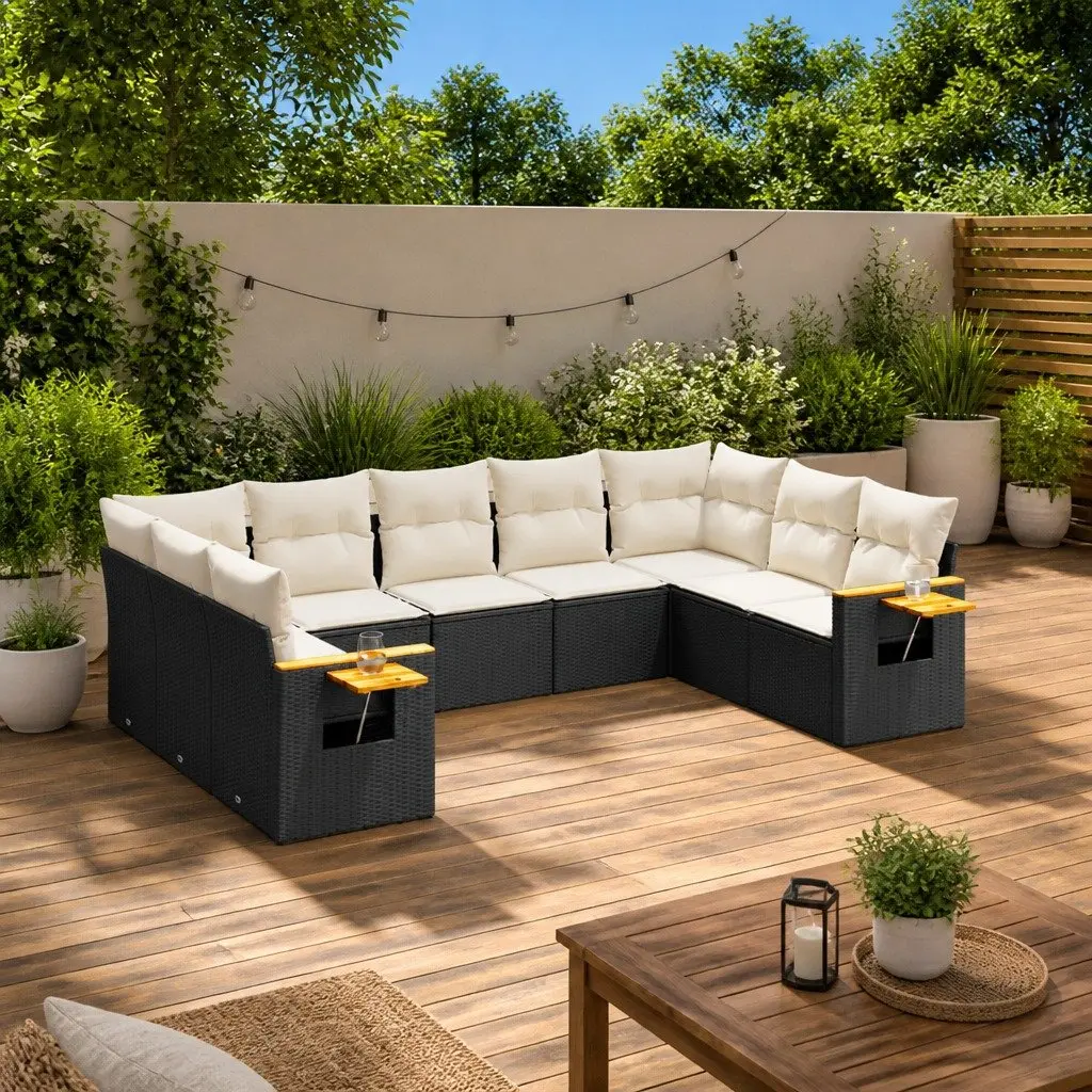 9 Piece Black Outdoor Sofa Set with Cushions
