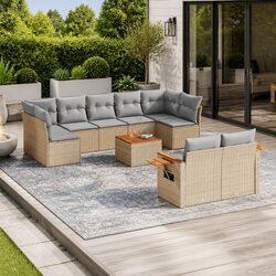 Beige Poly Rattan 10-Piece Garden Sofa Set with Cushions