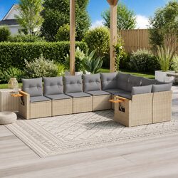 9 Piece Beige Poly Rattan Garden Sofa Set with Cushions