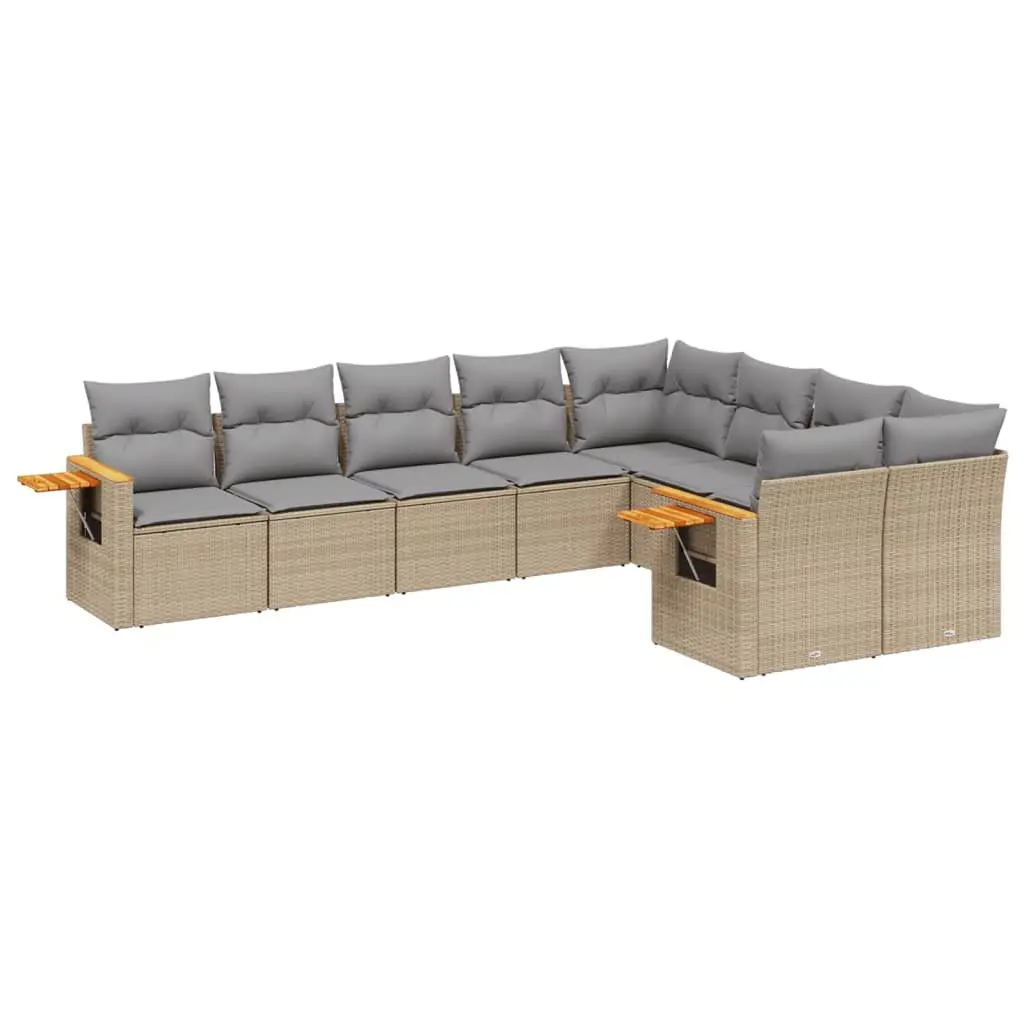 9 Piece Beige Poly Rattan Garden Sofa Set with Cushions