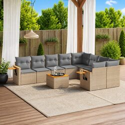 Beige Poly Rattan 10-Piece Garden Sofa Set with Cushions