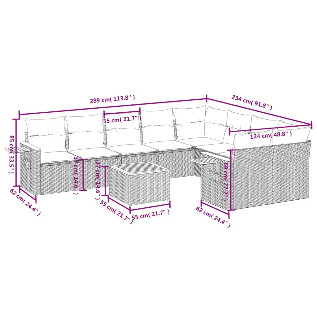 Garden Sofa Set PE Rattan 10 Piece Outdoor Furniture Grey with Cushions