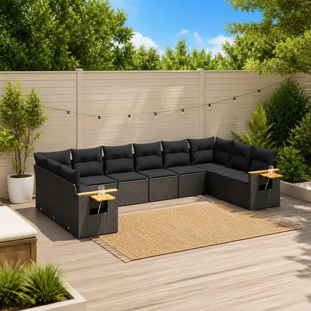 10 Piece Black Poly Rattan Garden Sofa Set
