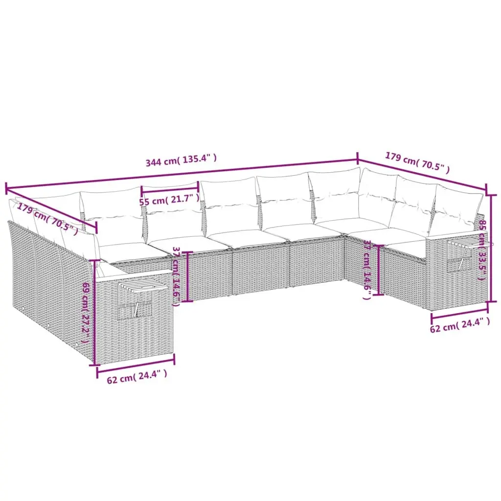 10 Piece Garden Sofa Set PE Rattan Grey Outdoor Patio Furniture