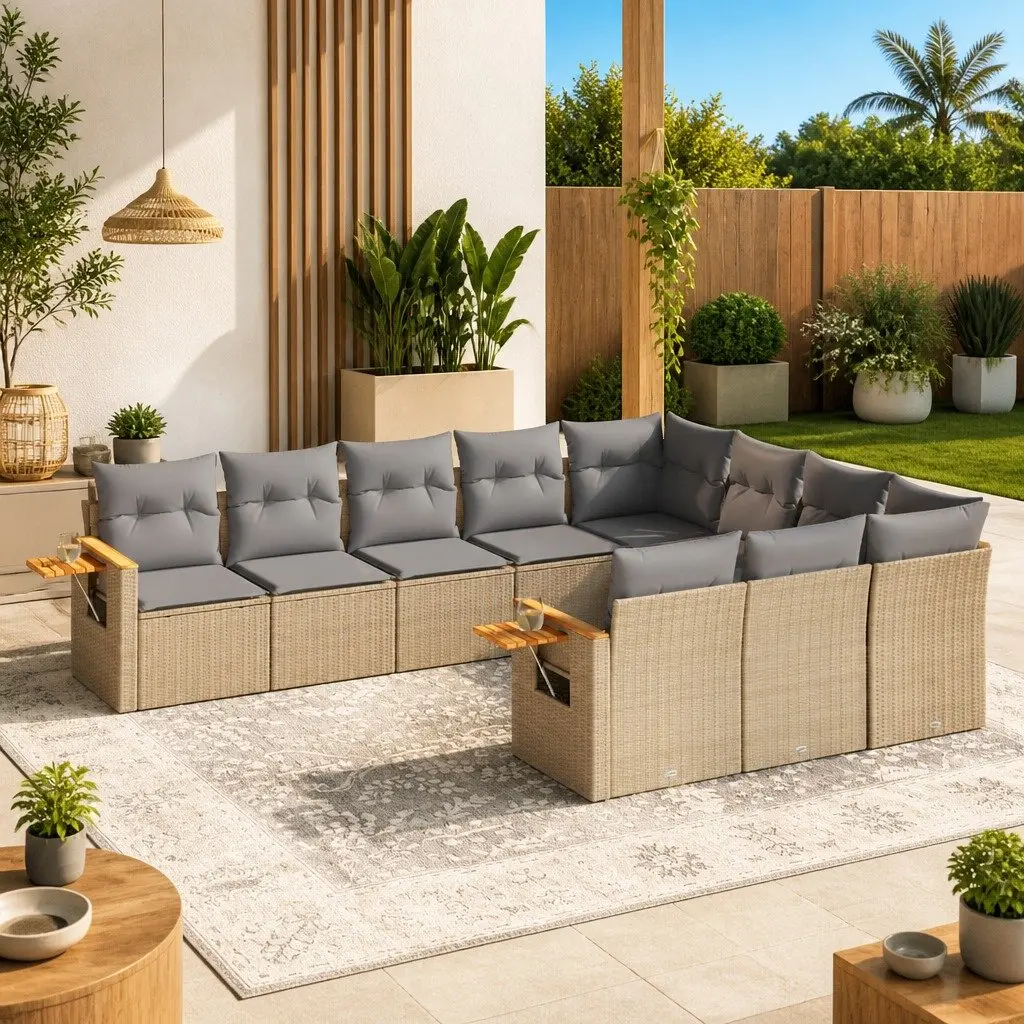 10 Piece Garden Sofa Set PE Rattan Modular Outdoor Furniture with Cushions Beige