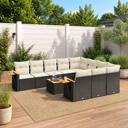 11-Piece Black Poly Rattan Garden Sofa Set with Cushions