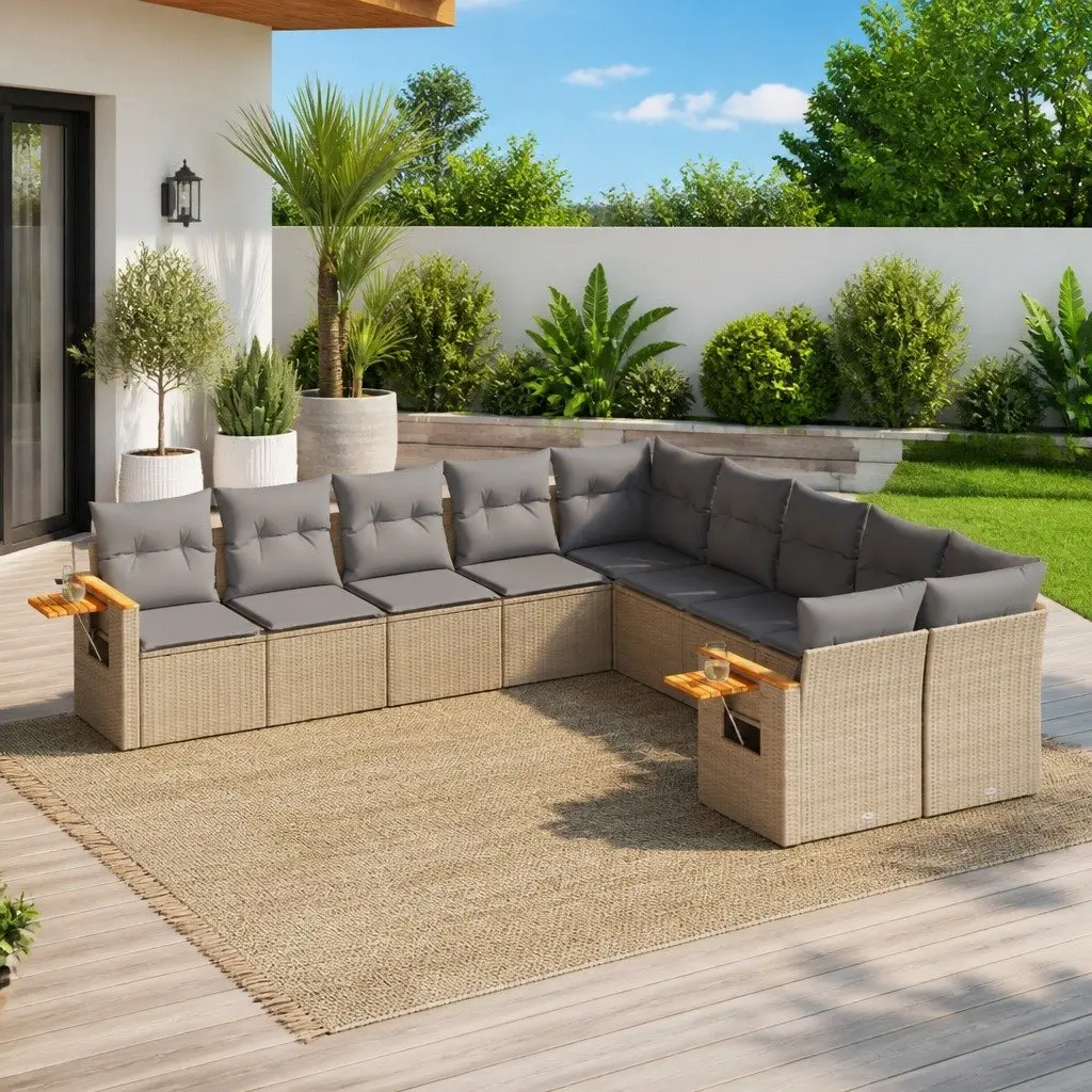 Beige Modular 10-Piece Outdoor Sofa Set for Patios
