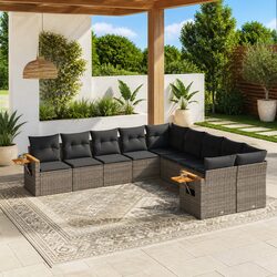 10-Piece Grey Poly Rattan Garden Sofa Set with Cushions